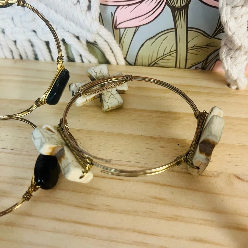 Stone Wire Wrapped Bangle Bracelet‎ Set Boho Bohemian Stacking